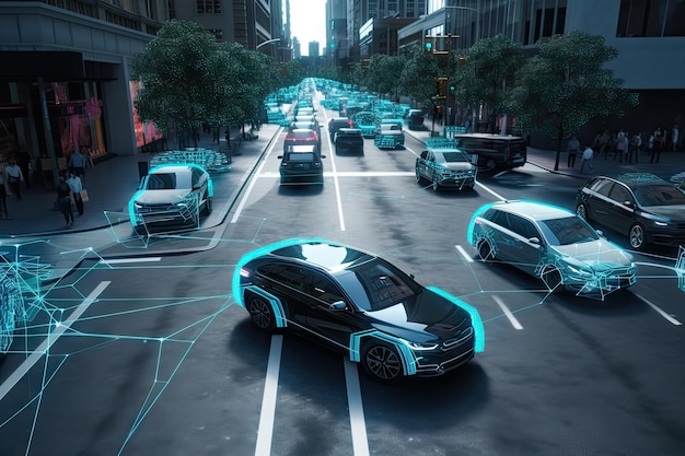 Systemingenieur führt Echtzeitsimulation eines selbstfahrenden Autos durch, das durch belebte Straßen der Stadt navigiert