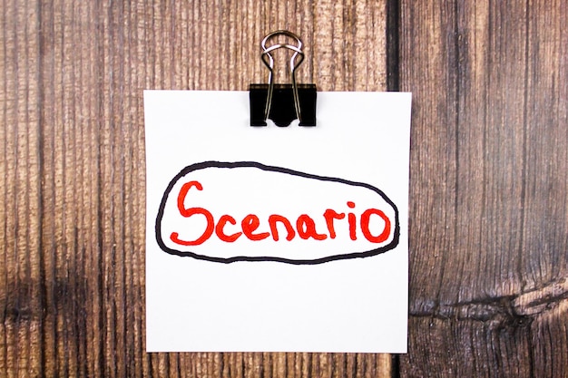 SZENARIO-Textkonzept auf einem Blatt Papier auf einem Holztisch Konzept von Szenariosituationen