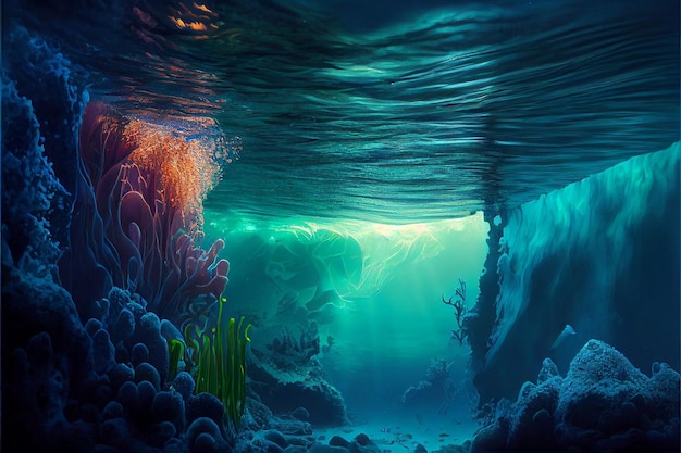 Szene der Unterwasserwelt. Korallenriff und sauberer Ozean des Sonnenstrahls. (Erstellt mit generativer KI-Technologie)