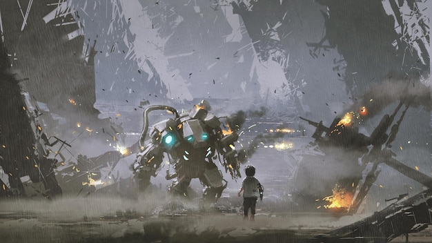 Szene des Jungen, der den beschädigten Roboter anschaut, der ihn vor dem Krieg beschützte, digitaler Kunststil, Illustrationsmalerei