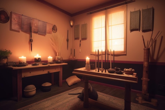 Szene eines ruhigen Meditationsraums mit Kerzen, Weihrauch und Musik, erstellt mit generativer KI