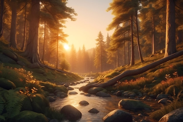 Szene eines Waldes bei Sonnenuntergang