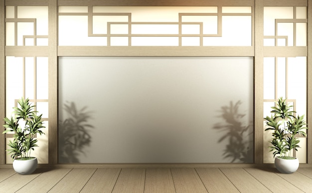 Szene leerer Raum mit Dekoration und Tatami-Mattenboden. 3D-Rendering