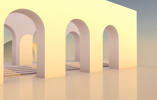 Szene mit geometrischen Formen, Bogen mit einem Podium in natürlichem Licht und Mond. minimaler Hintergrund. surrealer Hintergrund. 3D render.