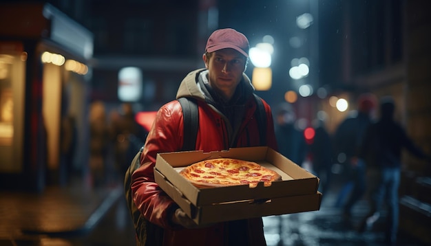 Szene mit Pizza-Liefermann in der Nacht Pizza-Schachtel weiches Licht verschwommenen Hintergrund nahtloses Bokeh