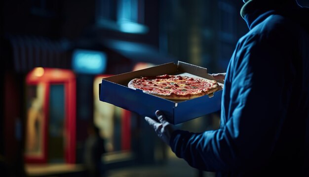 Szene mit Pizza-Liefermann in der Nacht Pizza-Schachtel weiches Licht verschwommenen Hintergrund nahtloses Bokeh