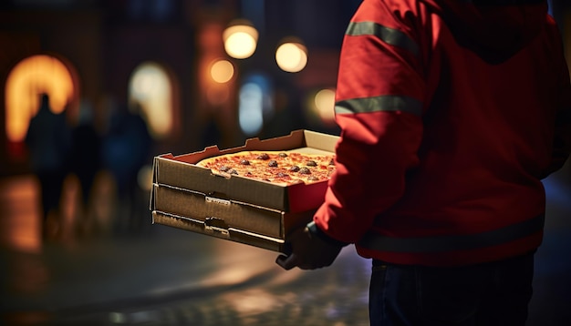Szene mit Pizza-Liefermann in der Nacht Pizza-Schachtel weiches Licht verschwommenen Hintergrund nahtloses Bokeh