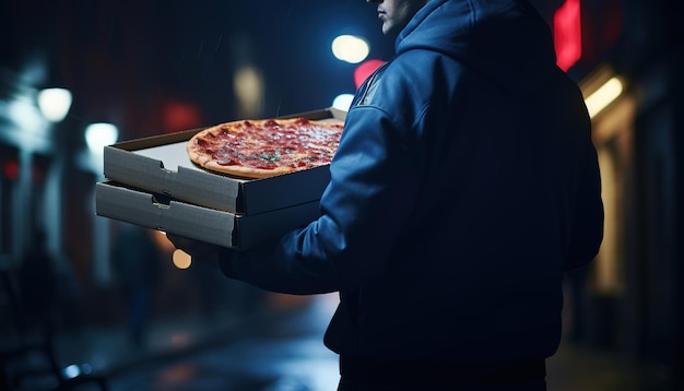 Szene mit Pizza-Liefermann in der Nacht Pizza-Schachtel weiches Licht verschwommenen Hintergrund nahtloses Bokeh