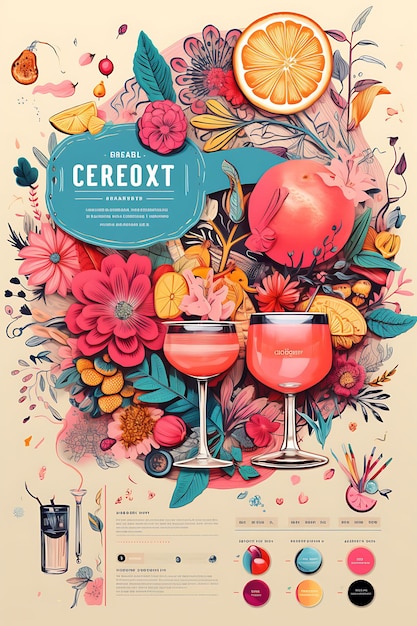 Szene von Craft-Cocktail-Rezepten mit einer lebendigen und eklektischen Farbe Pal Poster Menü Flyer Design Art