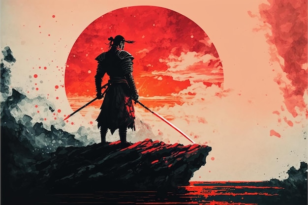Foto szene von samurai mit feuerschwert, die auf dem felsen digitale kunststil-illustrationsmalerei fantasy-konzept eines samurai mit dem schwert steht