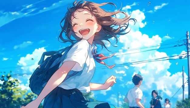 Szenen glücklicher Lächeln, Liebe und Feiern in farbenfrohen Manga- und KI-Illustrationen des Schullebens