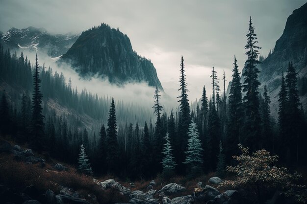 Szenen von Bergen und Bäumen im Nebel, die aus großer Entfernung gefilmt wurden