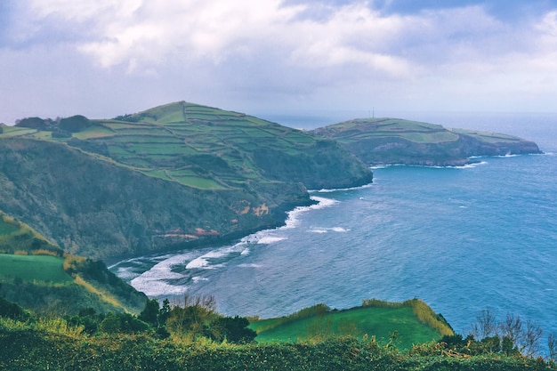 Szenischer Meerblick von Azoren Portugal mit Bäumen und Strand