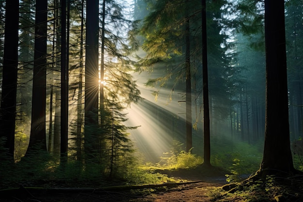 Szenischer Morgenschein im Wald von British Columbia, Strahlen des Wachstums und der Natur mit brechendem Sonnenlicht