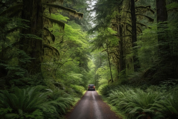 Szenischer Roadtrip durch einen dichten Wald mit Bäumen, die die Straße überragen, erstellt mit generativer KI