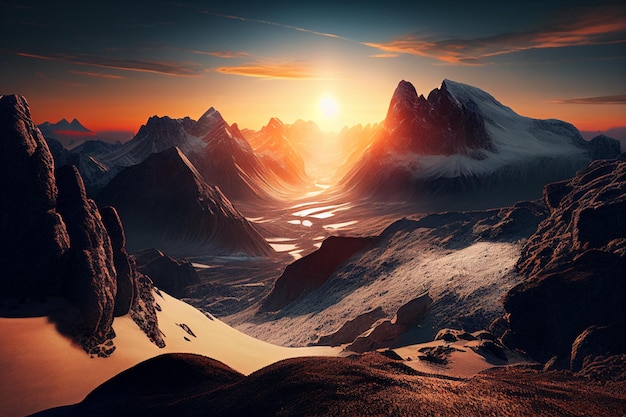 Szenischer Sonnenaufgang in den hohen Bergen der Alpen Generative KI
