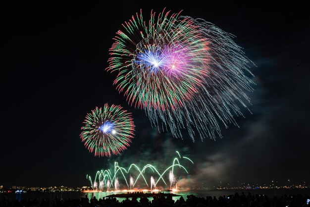 Szenisches Feuerwerk, das in der Nacht für die Feierlichkeiten am 14. Juli im Hafen von Cannes, Cote d'Azur, Frankreich, glüht