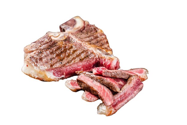 T Knochen gegrilltes Rindfleisch Steak gekocht Porterhouse auf einem Marmorbrett Isolierter weißer Hintergrund