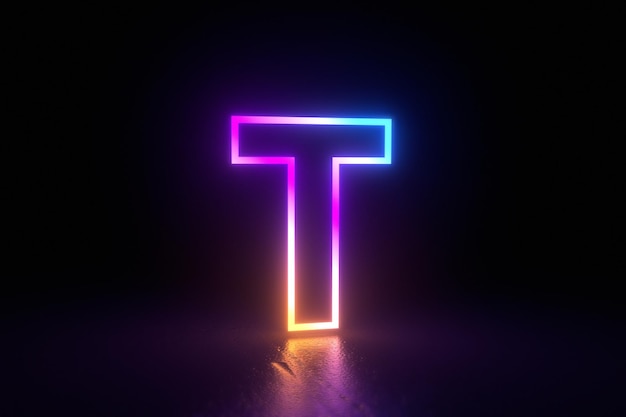 t letra carácter neón aislado reflexión ilustración 3d render. Ilustración 3D