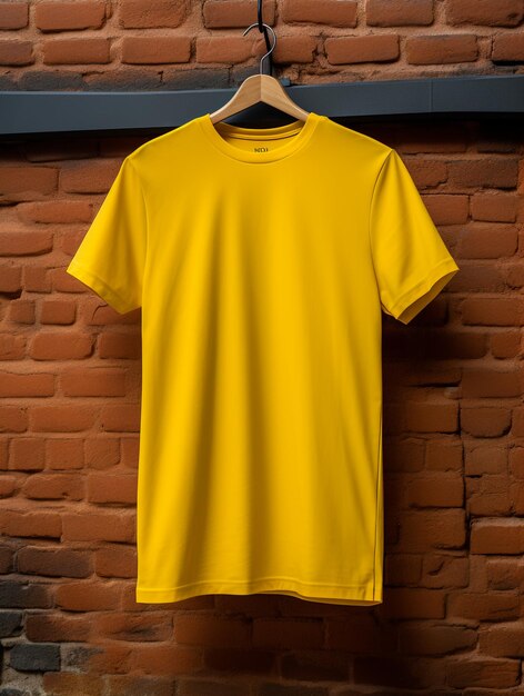 Foto t-shirt amarelo em branco contra a parede de tijolos