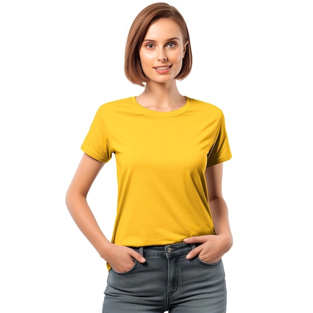 T-shirt amarelo feminino com um logotipo preto na frente.