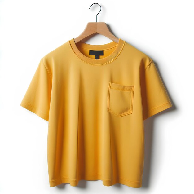 T-shirt amarelo pendurado em fundo branco