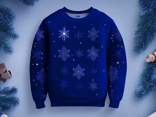 T-shirt azul oscuro de fondo navideño Maqueta de suéter unisex navideño