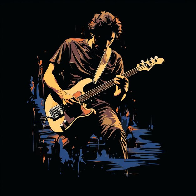 T-shirt del bajista tocando la guitarra dibujado a mano