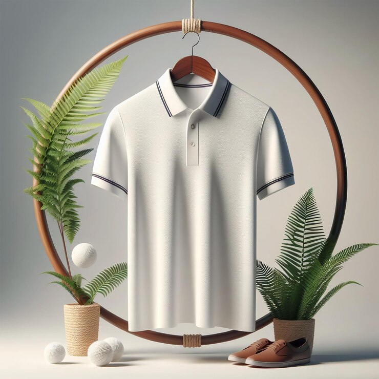 T-Shirt blanco vacío colgado Mockup 3d renderización vista delantera con decoración de zapatos de plantas verdes