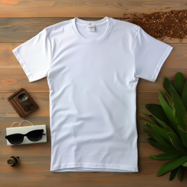 T-shirt branco colocado em fundo de madeira com acessórios de moda