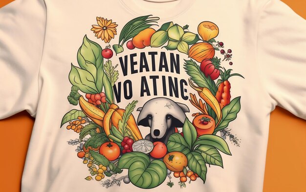 Foto t-shirt branco com cão cercado de frutas e legumes