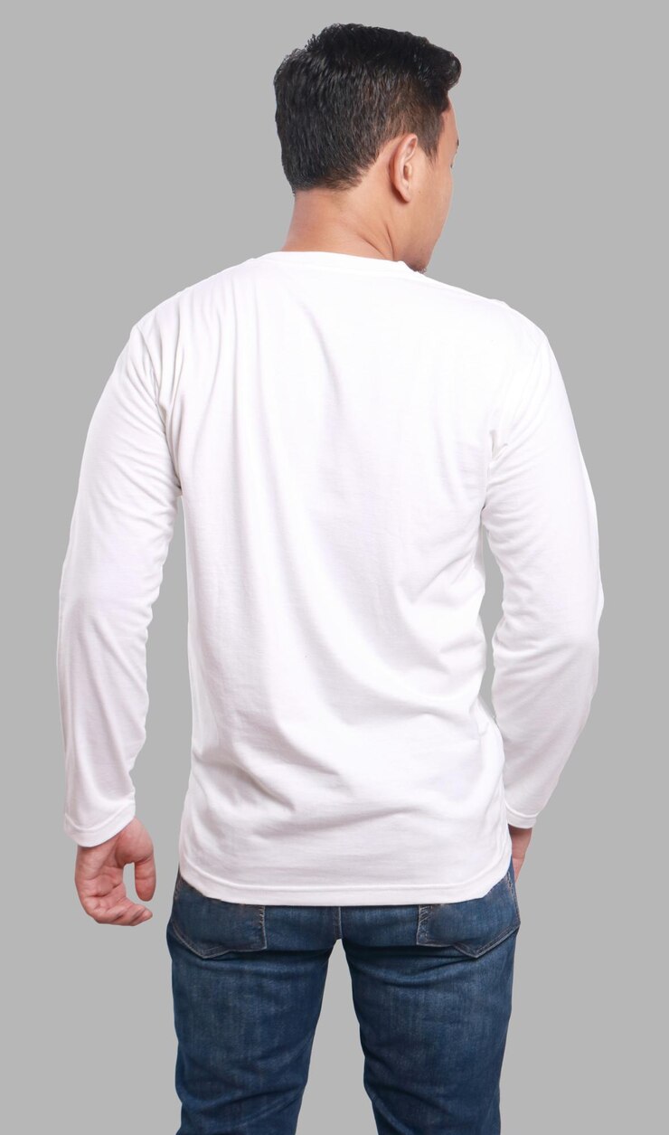 T-shirt branco de mangas longas mock up vista traseira de trás Modelo de espaço de cópia de design de camisa