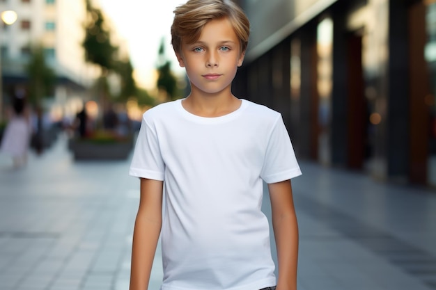 T-shirt branco em branco mock up Boy street background