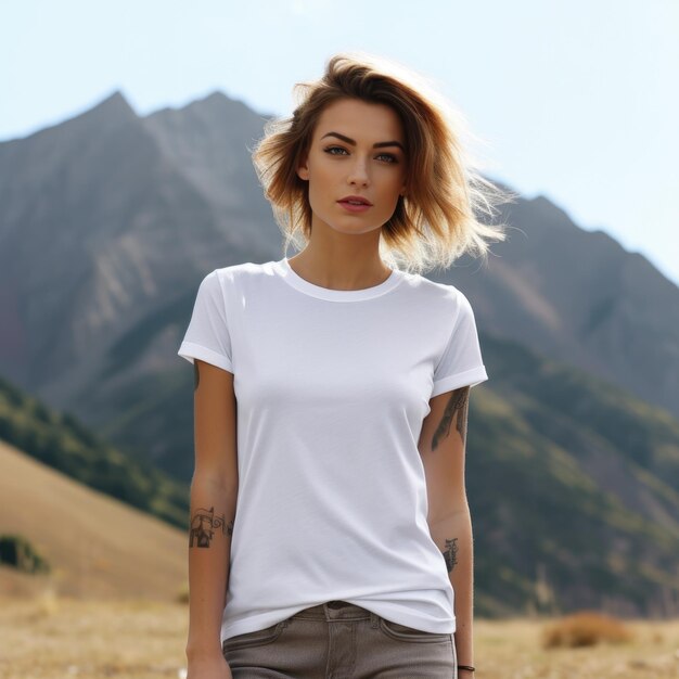 T-shirt branco em branco mock up Mulher com montanhas