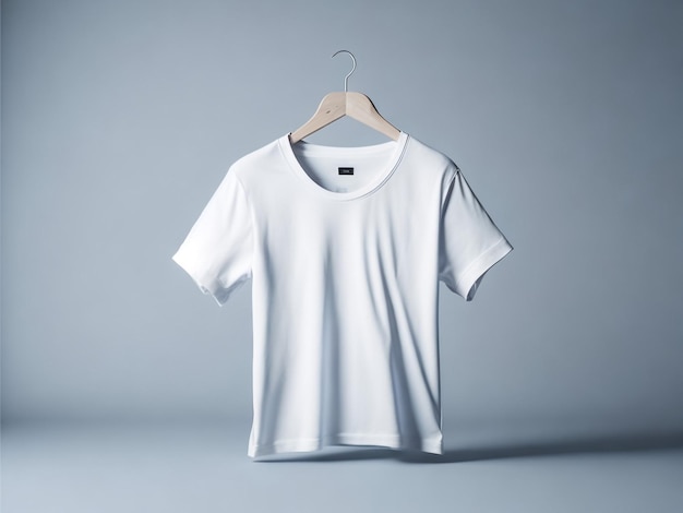 T-Shirt branco em branco Mockup em cabide de madeira vista lateral dianteira e traseira 3D Rendering