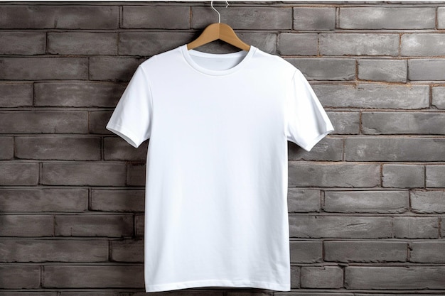 T-shirt branco em cabide contra parede de tijolos Mockup para design