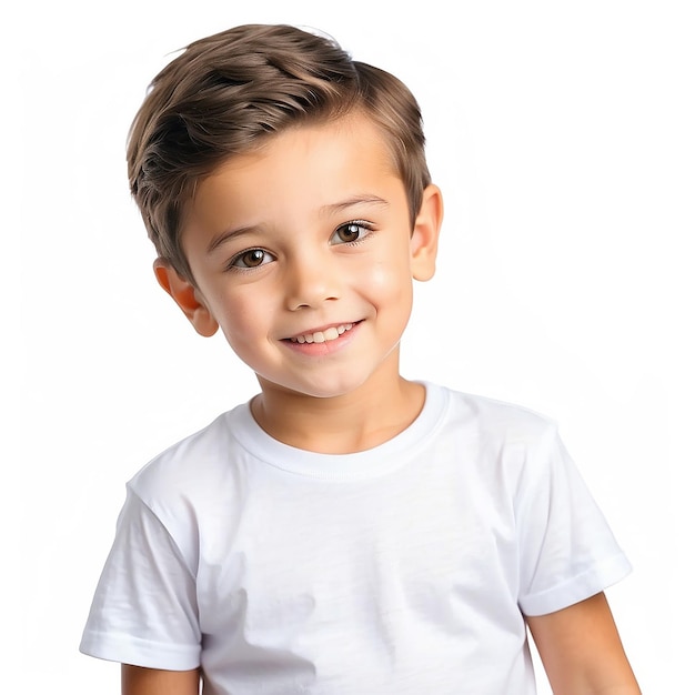 T-shirt branco em um menino bonito isolado em fundo branco