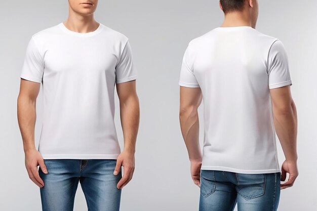 T-shirt branco masculino modelo de dois lados forma natural em manequim invisível para o seu projeto maquete para impressão isolado em fundo branco