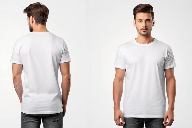 T-shirt branco masculino modelo de dois lados forma natural em manequim invisível para o seu projeto maquete para impressão isolado em fundo branco