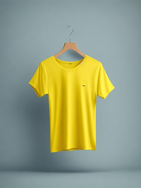 T-shirt de color creativo Mockup con colgador en fondo amarillo representación 3D