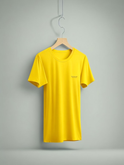 T-shirt de color creativo Mockup con colgador en fondo amarillo representación 3D