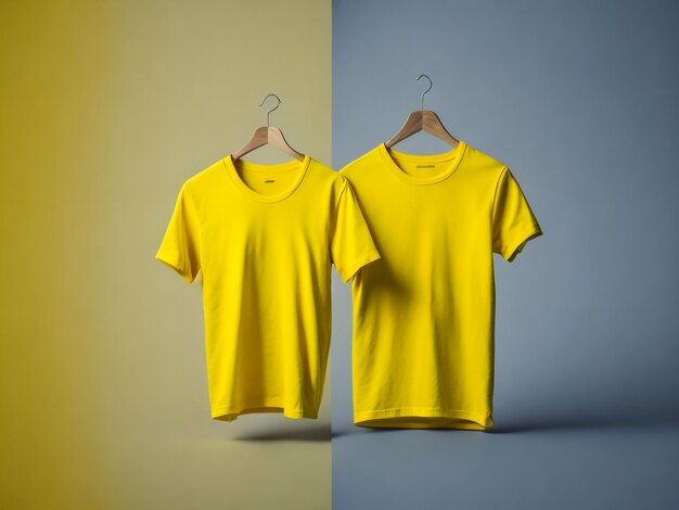 T-shirt de color creativo Mockup con colgador en fondo amarillo representación 3D