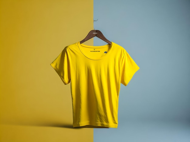 T-shirt de color creativo Mockup con colgador en fondo amarillo representación 3D