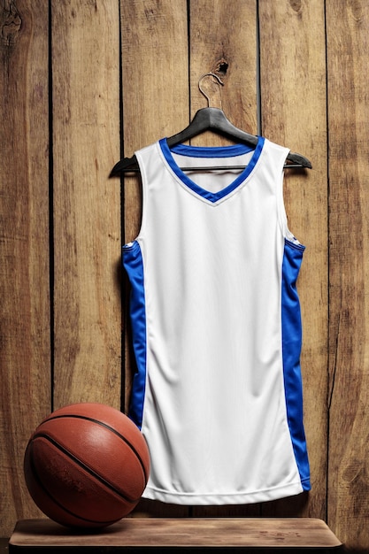 Foto t-shirt de basquete em gancho contra fundo de madeira