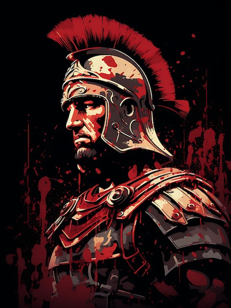 T-shirt de Centurião Romano com uma expressão de comando Gladius Crimson 2D Flat Vector Art