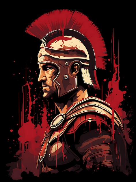 T-shirt de Centurião Romano com uma expressão de comando Gladius Crimson 2D Flat Vector Art