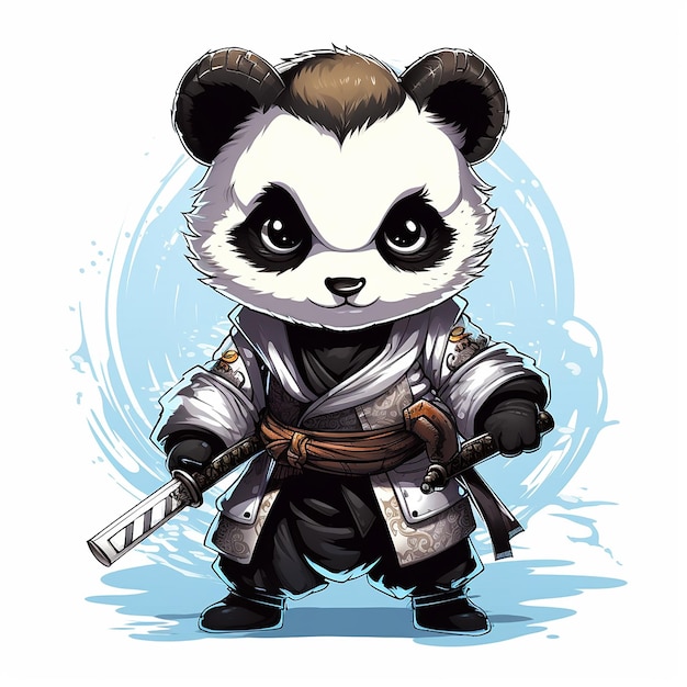 Foto t-shirt de design gráfico bonito desenho animado panda samurai katana espada selvagem estilo infantil branco completo