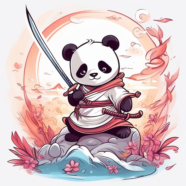 T-shirt de design gráfico bonito desenho animado panda samurai katana espada selvagem estilo infantil branco completo