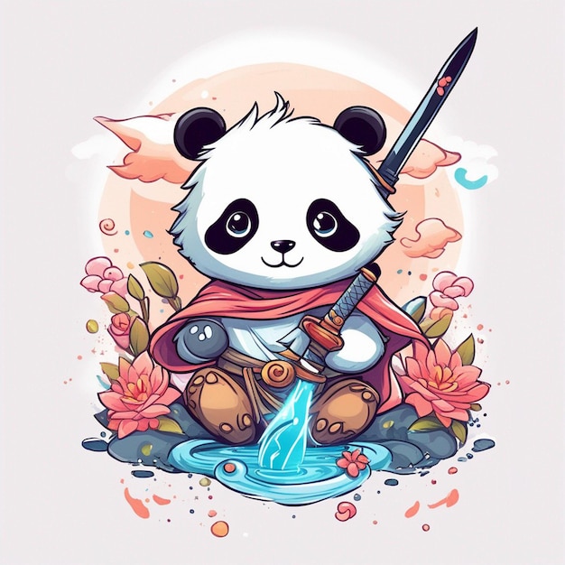 T-shirt de design gráfico bonito desenho animado panda samurai katana espada selvagem estilo infantil branco completo