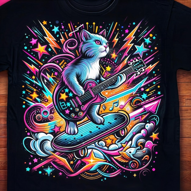 T-shirt de gato tocando guitarra Design HD Grátis